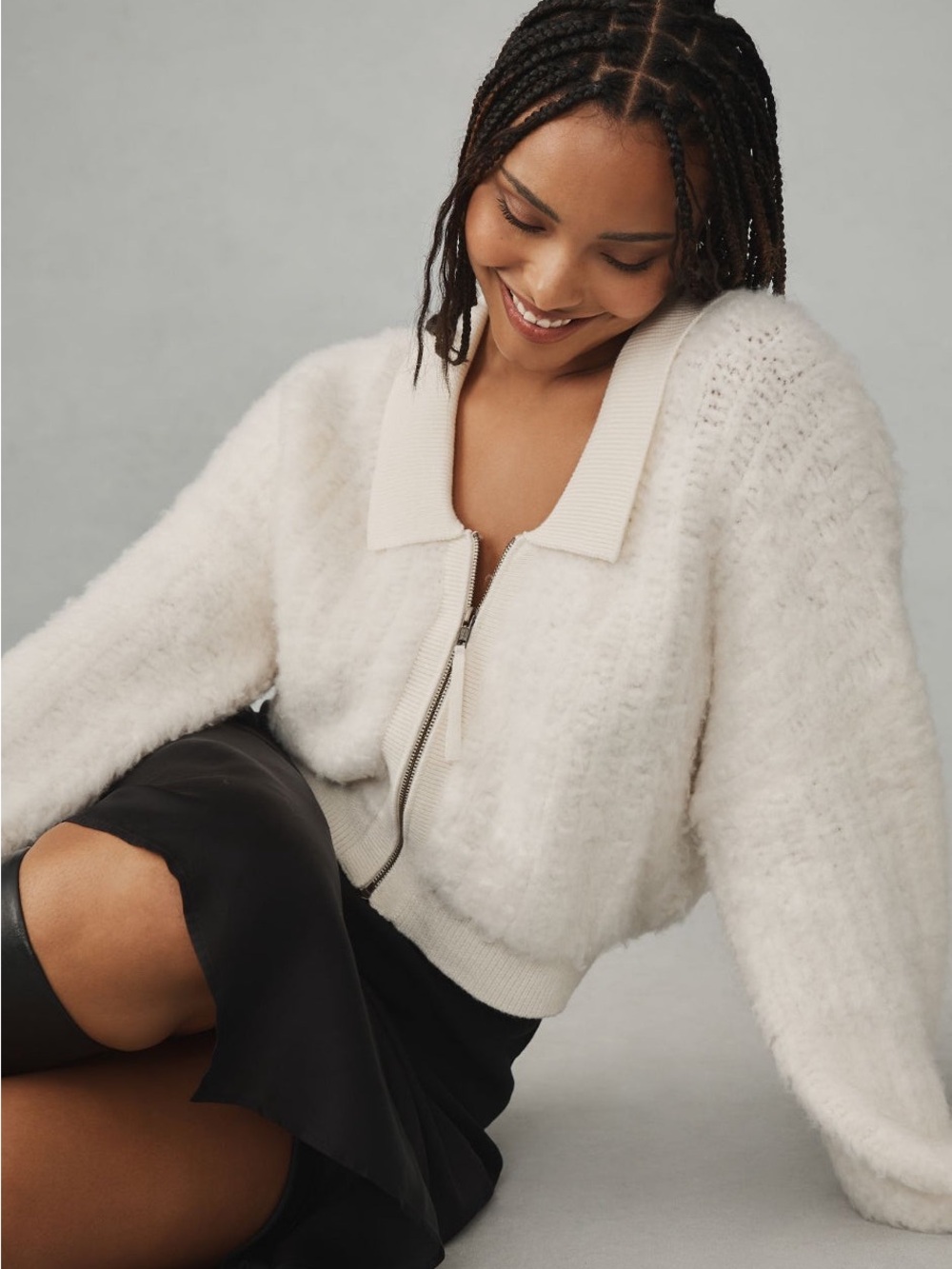 Anthropologie Women’s Cream Brushed Zip-Front Fuzzy Jacket